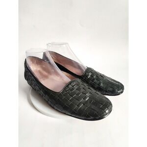 Michelle D Loafers 10 Flats Vintage Woven Leather Sole Forest Green Square Toe